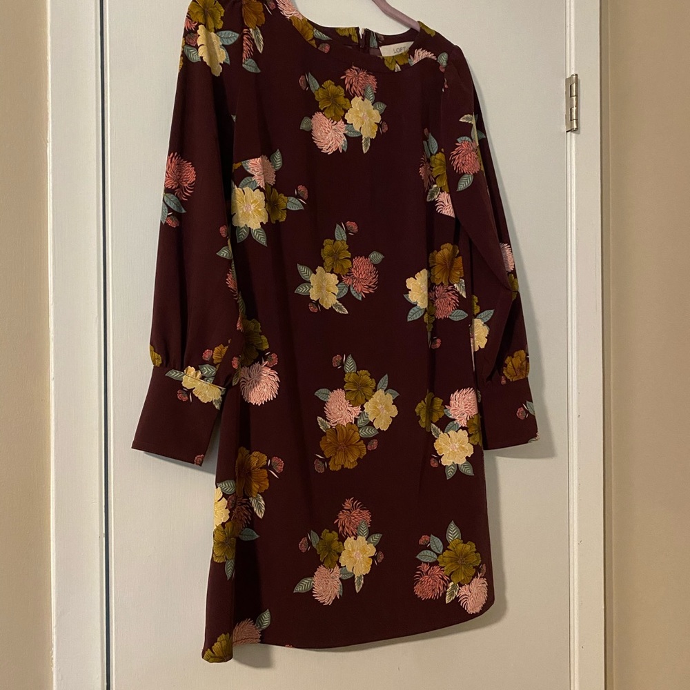 LOFT Burgundy Floral cuffed Shift Dress